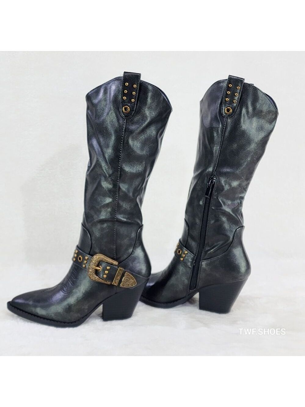 Storm Brushed Metallic Black Country Western Cowgirl Knee Boots
